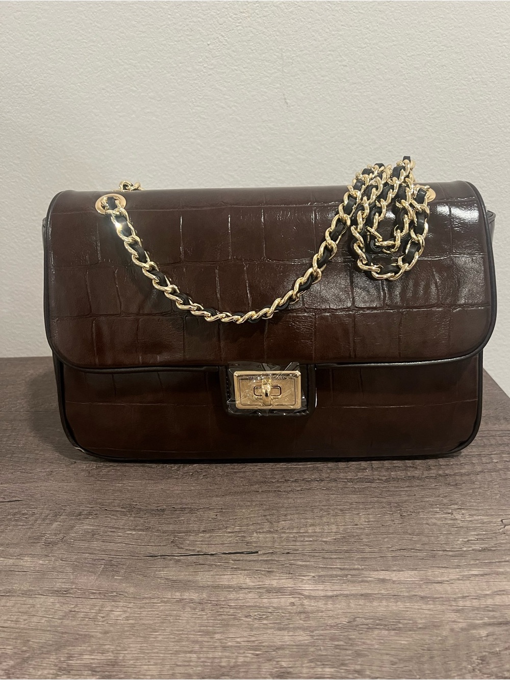 Karl Lagerfeld classic faux Croc-Embossed Leather Shoulder Bag in Dark Brown